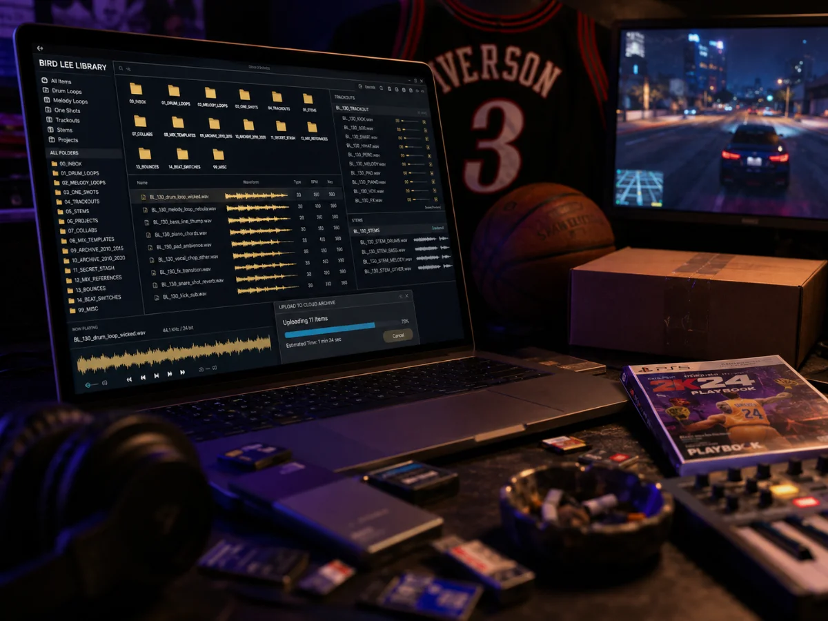Bird Lee's library — beat folders, waveforms, and trackouts open on a studio laptop