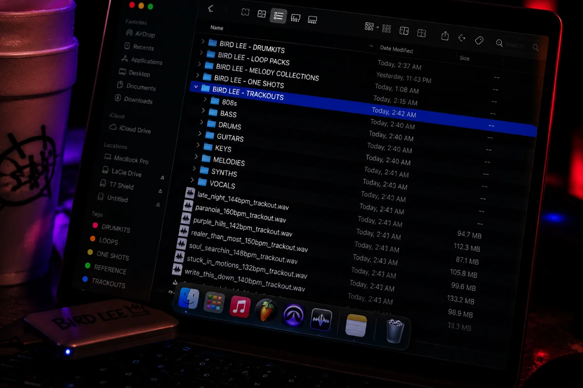 A Finder window of Bird Lee beat folders and trackout files